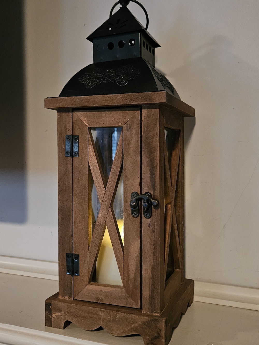 Rustic Brown Wooden Lantern with Black Metal Top